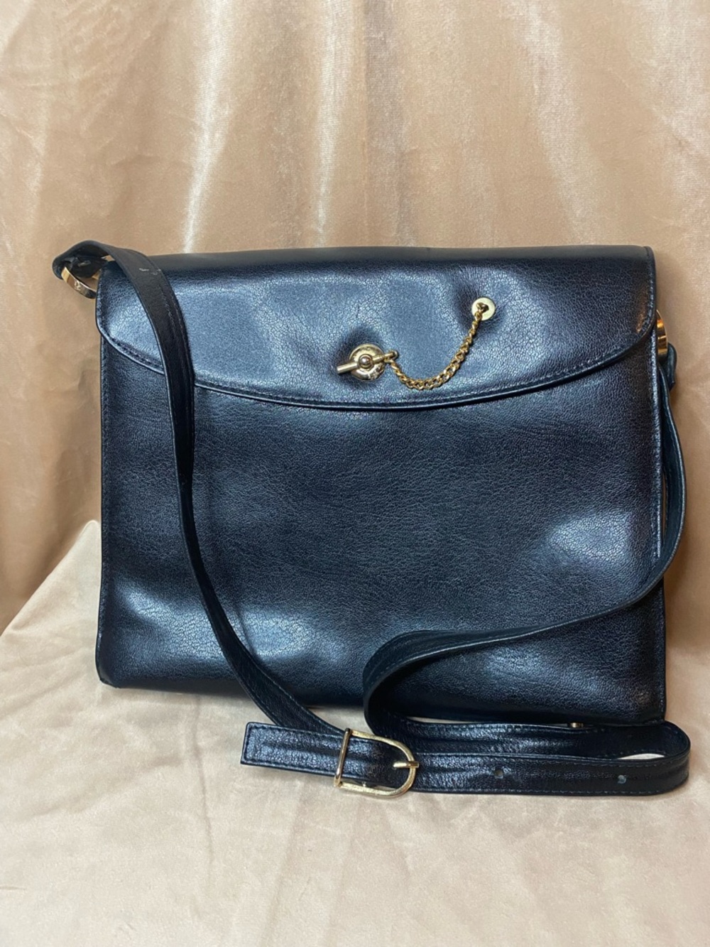 Vintage Bally Black Textured Leather Shoulder Bag with Gold-Tone Toggle Chain